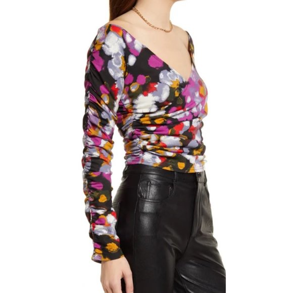 New Open Edit Off Shoulder Long Sleeve Ruched Faux Wrap Top Multi Size Small - Picture 2 of 16